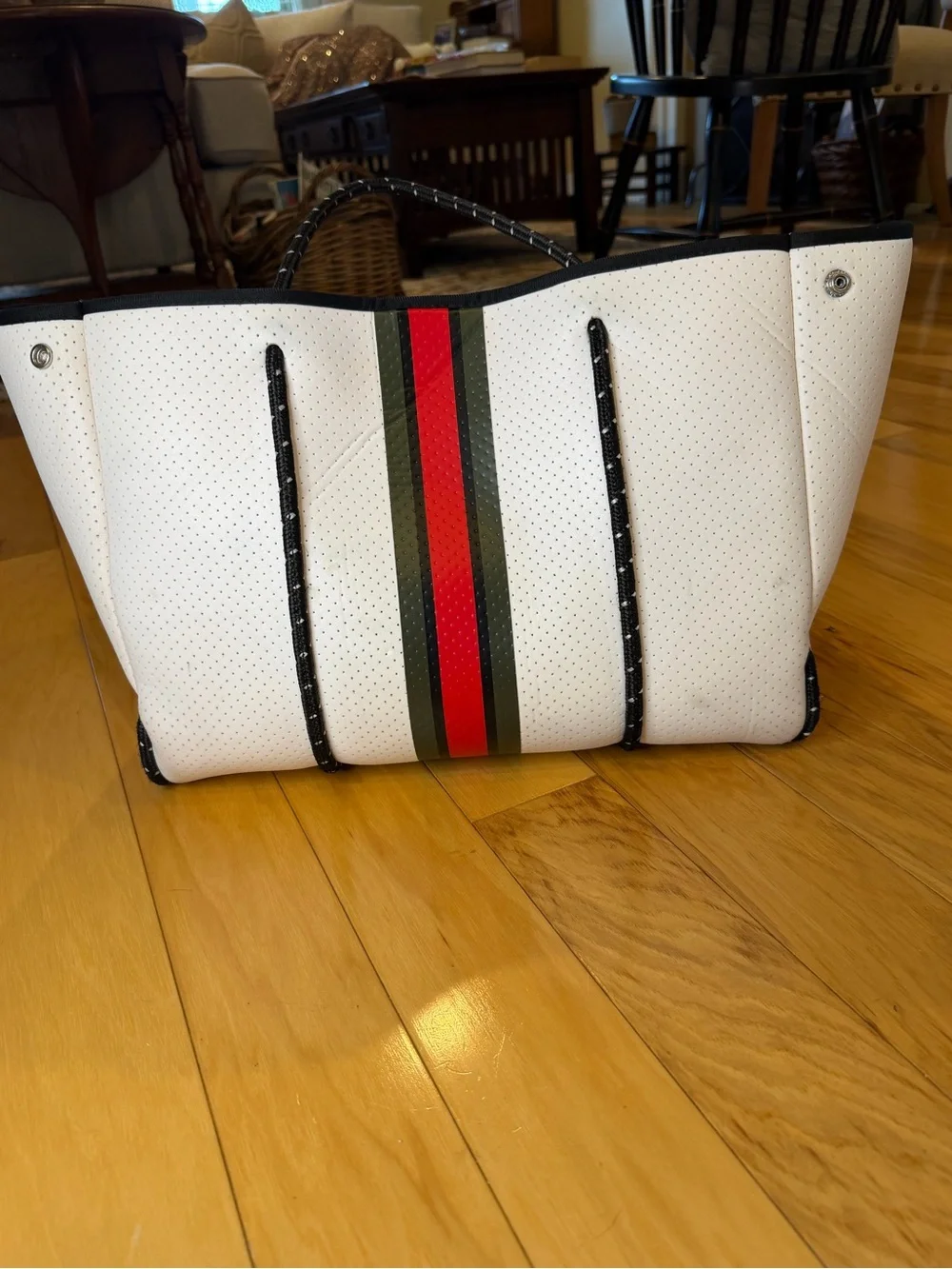 HAUTE SHORE White Neoprene Tote with Red and Green Center Stripe